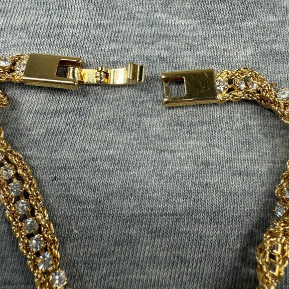 Gold-Tone Double Chain Bracelet Clear Rhinestones Secure Clasp Shine Sparkles - Picture 3 of 16